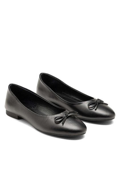Women's Round Toe Genuine Leather Orthopedic Non-Slip Sole Bow Detailed Daily Ballerina Shoes 19050