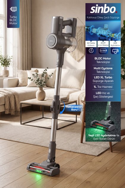SVC-8642 Kablosuz Dikey Şarjlı Süpürge 22.2V BLDC Motor LED Işıklı Turbo Başlık 1L Toz Hazneli