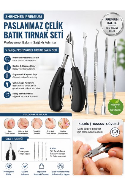 SHENZHEN PREMIUM Paslanmaz Çelik Batık Tırnak Seti ve Profesyonel Kesici – 5 Parça Pedikür & Tırnak Bakım Kiti