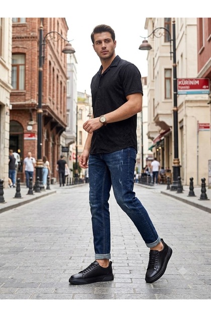 Men's Inner and Outer Genuine Leather Casual Black Lace-Up Shoes