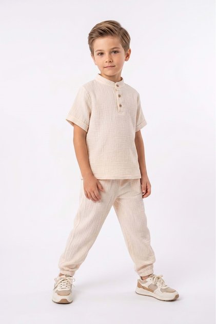 Cotton Muslin Fabric Summer Long Pants Short Sleeve Comfortable Set M00842 Beige