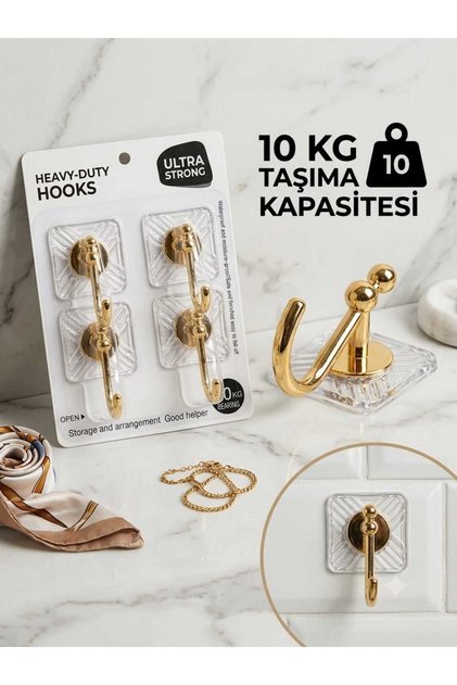 4'lü Yapışkanlı Duvar Askısı Gold - 10 Kg Taşıma Kapasiteli Suya Dayanıklı Banyo Mutfak Havlu Askılığı 5cmx5cm