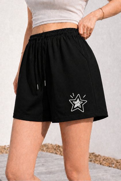 Women's Black Cute Star Printed Shorts with Pockets, Lace-Up Elastic High Waist Summer Casual Shorts