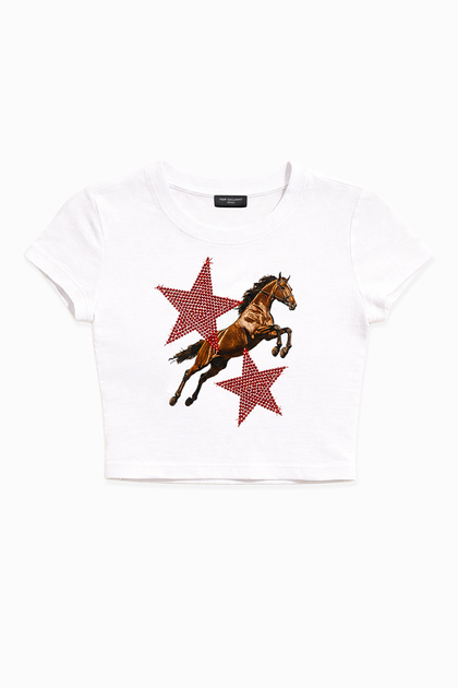 Star Horse Rhinestone Stone Printed Crop T-Shirt