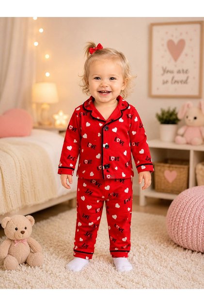 100% Cotton Long Sleeve Buttoned Seasonal Love Heart Patterned Soft Textured Bottom and Top Unisex Baby Pajama Set for Girls and Boys