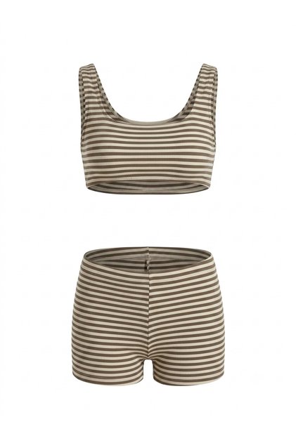 Beige Brown Stripe Bustier Shorts Set