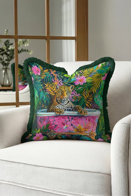 Exotic Leopard Tropical Pattern Fringed Pillowcase-Bohemian Jungle Green Black Tassel Throw Pillow Cover