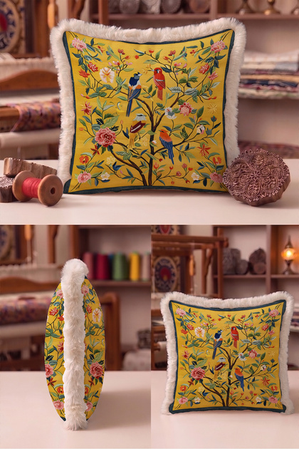 Exotic Bird Flower Garden Fringe Pillowcase - Botanical Navy Blue Cream Tufted Throw Pillow Cover