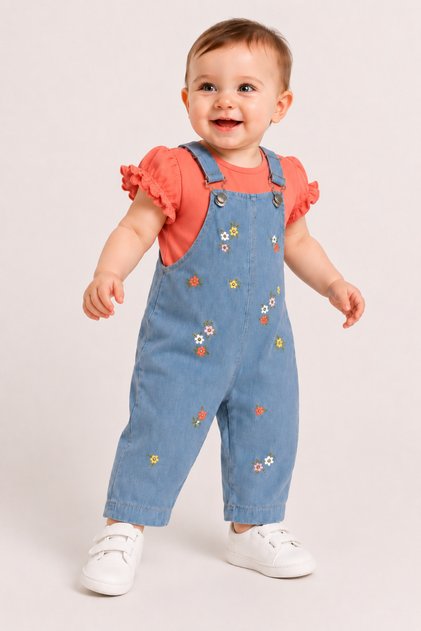 100% Cotton Colorful Floral Embroidered Denim Look 2-Piece Girls Salopet Set 6-9/9-12/12-18/18-24 Months