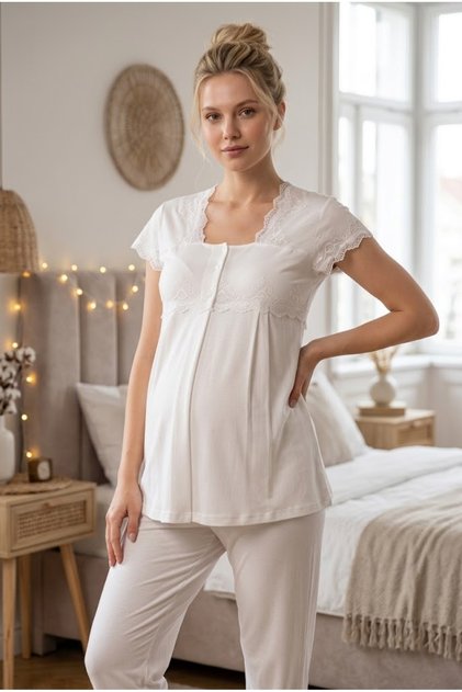 Women's Ecru Lace Adjustable Elastic New Season Maternity Pajama Set with Breastfeeding Feature