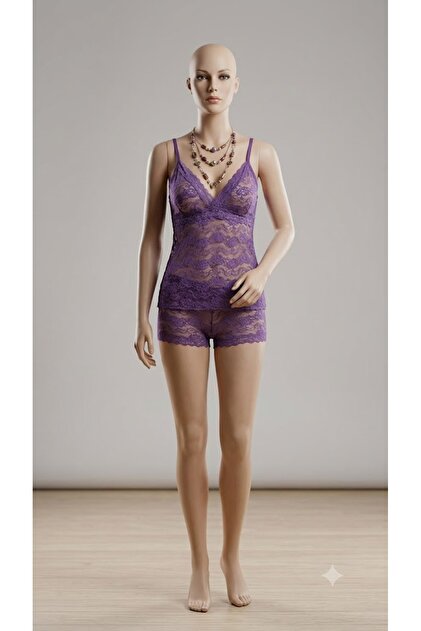 3 Pieces Women's Tank Top + Shorts Underwear 2-Piece Set with Complete Guipure Detail, 90% Cotton, 10% Lycra