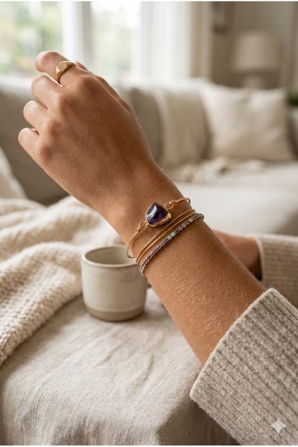 Ametist Single Stone Steel Cuff Bracelet