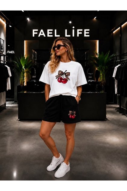 Unisex Wide-Let T-Shirt and Shorts Set with Cherry Ribbon Print