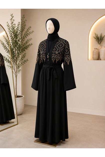 Embroidered Belted Abaya – Black Medina Silk Fabric
