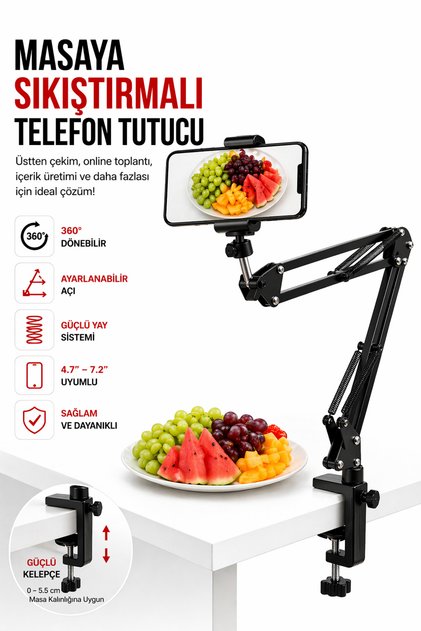 Telefon Tripodu 360 Derece Ayarlanabilir Masaüstü Süspansiyonlu Üst Çekim Youtuber Yayıncı StandI