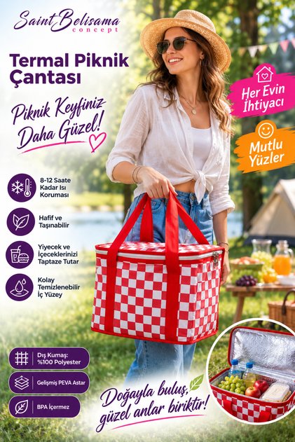 Termo Lüks Piknik Çantası Kırmızı Ekoseli- Plaj Çantası - Termo Piknik Çantası 35 x 20 x 20 cm (20 LİTRE)
