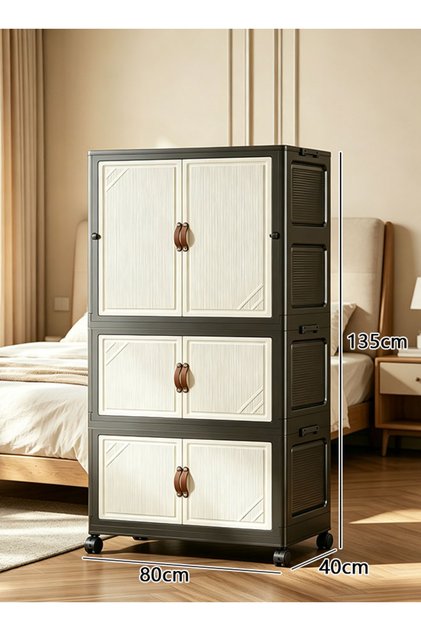 80cm Wide Foldable Storage Cabinet with Wardrobe Section and 2 Tier Organizer Mocha Black