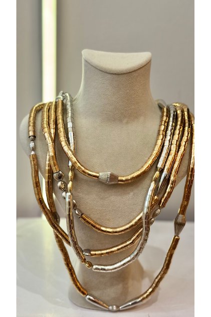 Women's Gold Silver Double Color Multi-Layer Necklace - Two-Tone Flexible Tube Beaded Statement Necklace