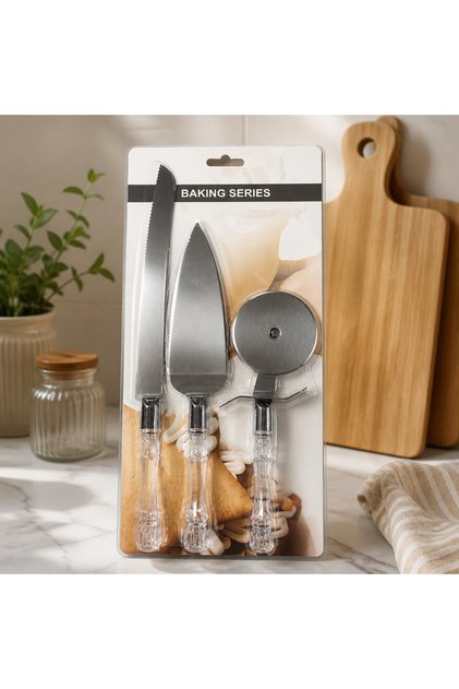3’lü Pasta Servis Seti – Pasta Bıçağı, Spatula ve Kesici