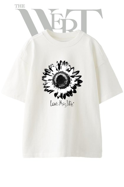 Black White Sunflower Design Printed Unisex White Oversize T-Shirt