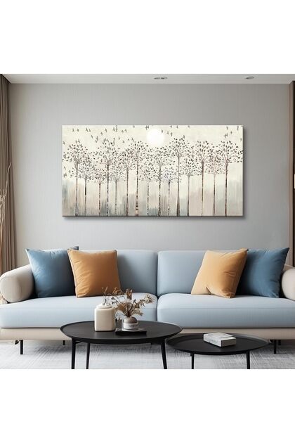 Abstract Forest Trees and Birds Gallery Wrapped Canvas Wall Art | 50x100cm 20x40 inch | Panoramic Minimalist Wall Decor