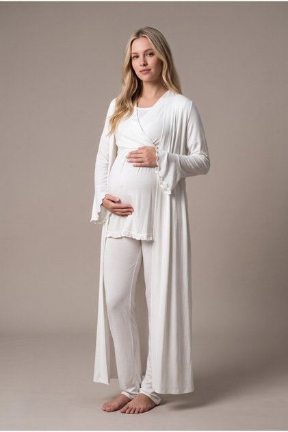 Women's Ecru Double-Breasted Collar Long Robe New Season Maternity Pajama Set