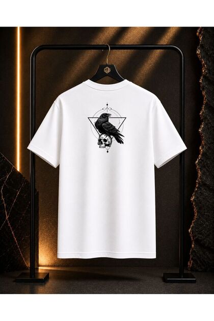 Unisex Skull and Crow Triangle Back Print 100% Cotton Oversize Crew Neck Short Sleeve T-Shirt White