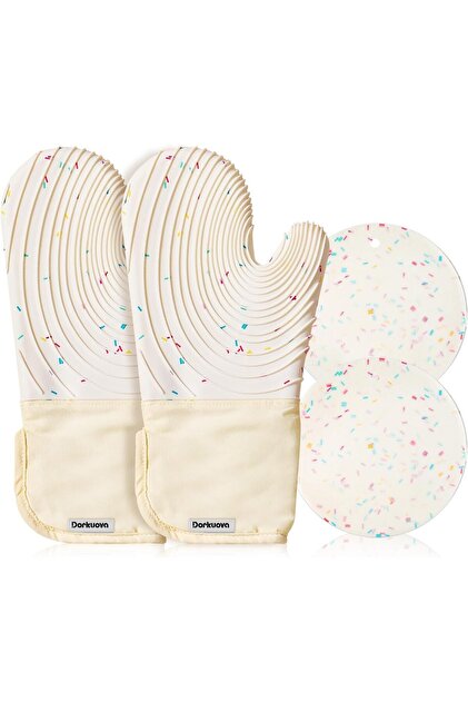 Silicone Oven Mitts,4-Piece Set,BPA-Free,Long Cooking Gloves,Heat Resistant up to 500℉,for BBQ,Baking,Milky White
