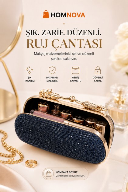 Taşlı Ruj Çantası Zincir Askılı Mini Gece Çantası Şık Kozmetik Çantası Kadın El Çantası Siyah