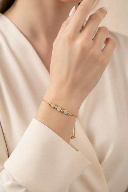 Adjustable Yellow Tone Stone Detailed Stylish Bijouterie Bracelet