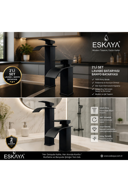 Eskaya2 Li Waterfall Matte Black Sink Mixer Long Short Bowl Sink Waterfall Stream Modern Bathroom Faucet