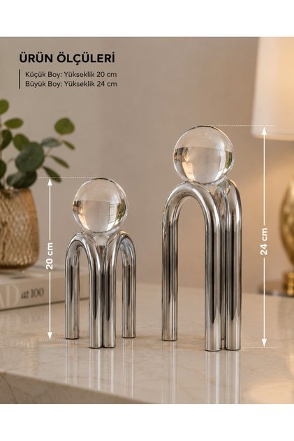 2'li Kristal Küre İnsan Figürü Dekoratif Obje Seti – Salon Konsol Aksesuarı 20 - 24 cm