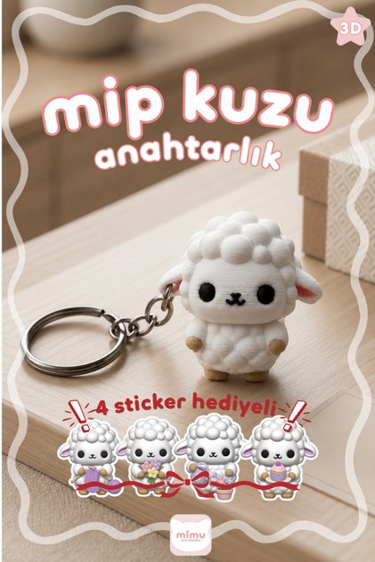 Mip Kuzu 3D Anahtarlık Kawaii Kuzu Figürlü 4 Sticker Hediyeli Çanta Aksesuarı Kuzu Charmı