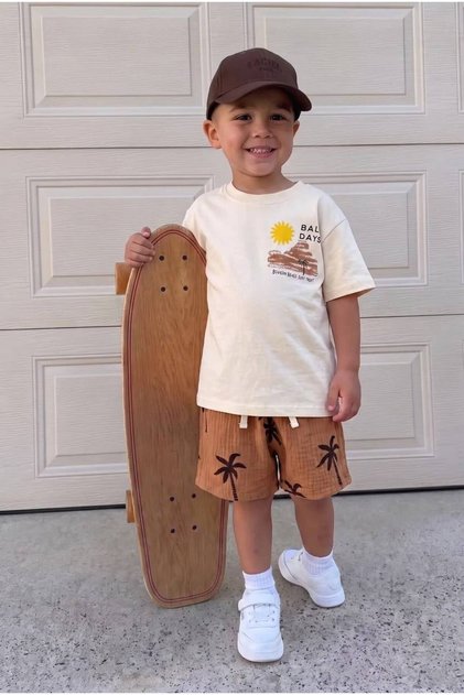 Boy's Palm Tree Patterned Shorts Two-Piece Set – Cream Printed T-Shirt and Tan Muslin Shorts Combination