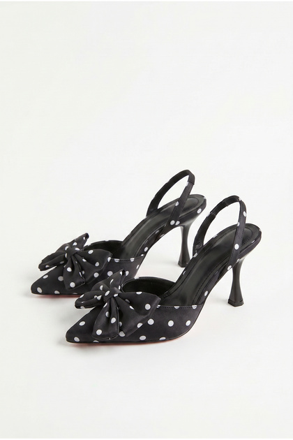Women's Black Polka Dot Patterned Bow Detailed Thin Heeled Slingback Stiletto 50021010