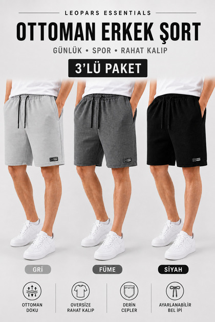 Men's 3-Piece Ottoman Fabric Shorts Oversize Comfortable Fit Textured Fabric Casual Sports Shorts