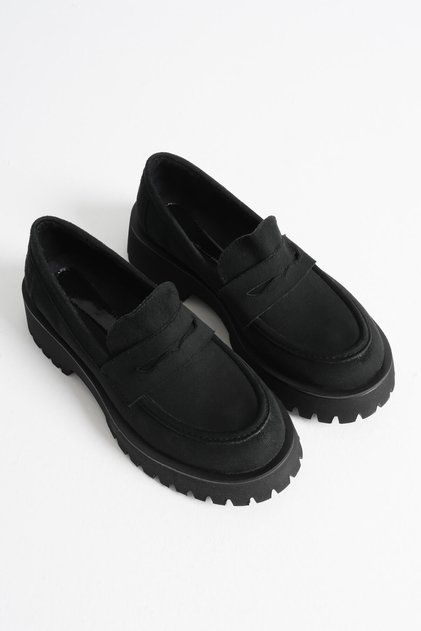 Kadın Siyah Süet 4cm Kalın Tabanlı Loafer Ayakkabı