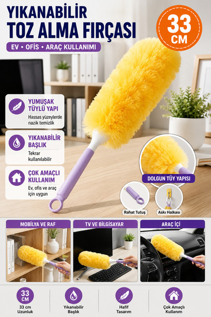 Plastik Saplı Yıkanabilir Toz Alma Fırçası 33 cm Çok Amaçlı Mikrofiber Temizlik Aparatı