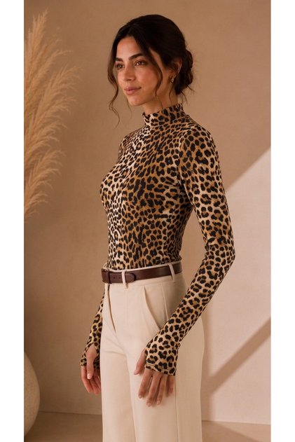 Women's Old Leopard Patterned Viscose Trendy Blouse with Snap Collar