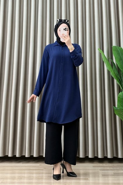 Asalet Tunic Ayrobin Fabric Women's Navy Blue Button-Down Casual Hijab Shirt