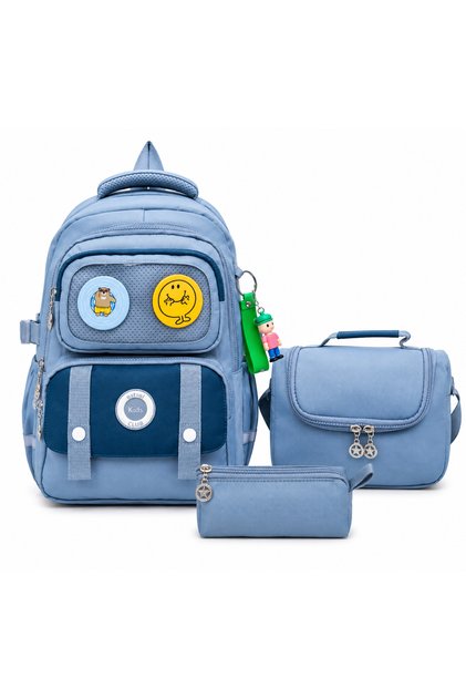 Korean Style Six-Compartment Orthopedic Bag with Cover, Emoji Badge, Accessories, Pen Holder and Thermos, 3-Piece School Bag Set