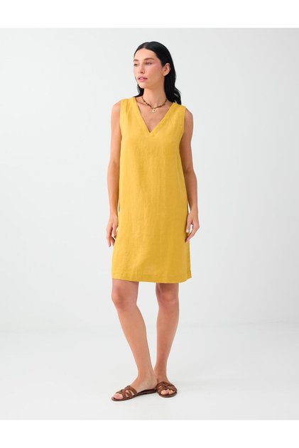 Mustard 100% Linen V-Neck Sleeveless Basic Mini Dress