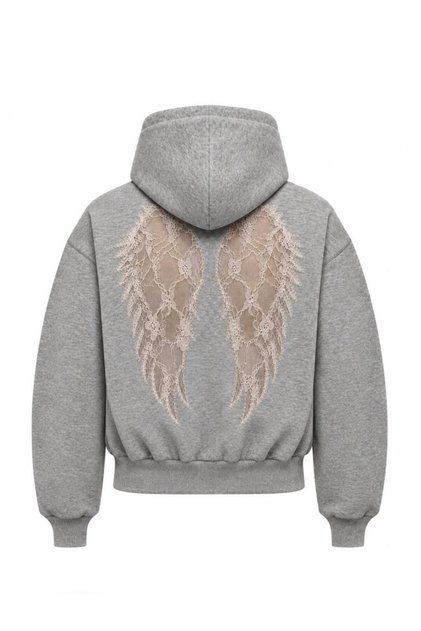 Women's Tulle Angel Wing Embroidered Oversize Hooded Sweatshirt / Hoodie with Fleece Inside (3 Yarn Threads)