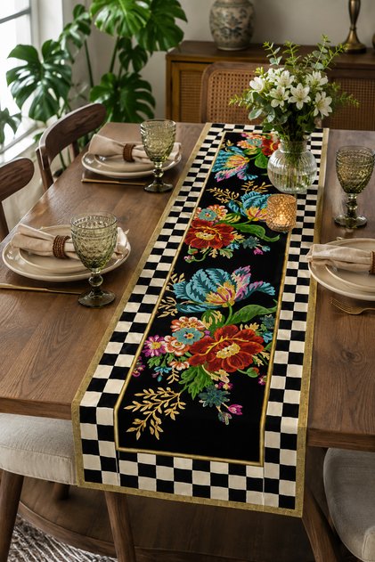 Black Floral Patterned Plaid Runner – Decorative Table Runner with Gold Border -40X140 Cm-