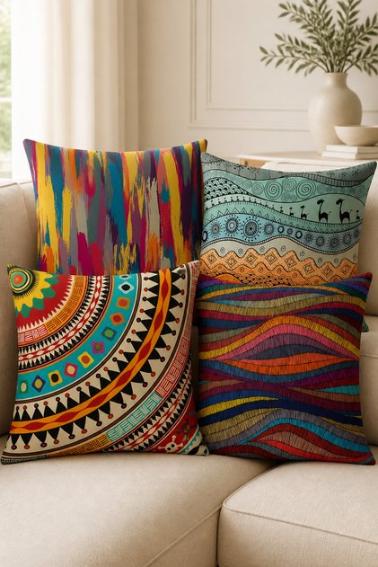 Ethnic and Abstract Colorful Patterned Decorative Throw Pillow Cover Set - Bohemian Modern Living Room Decor, Set of 4 (Double-Sided)