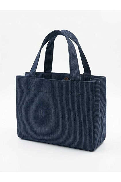 Denim Fabric Navy Blue White Striped Tote Handbag