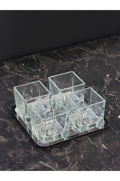 5-Piece Silver Avenza Glass Bowl Set – Crystal Patterned Ice Cream and Dessert Bowl with Square Tray