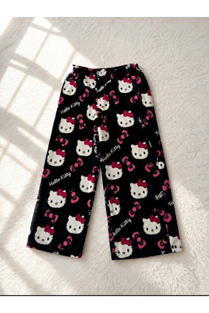 Unisex Hello Kitty Desenli Siyah Polar Eşofman Altı Bol Paça Y2K Pijama