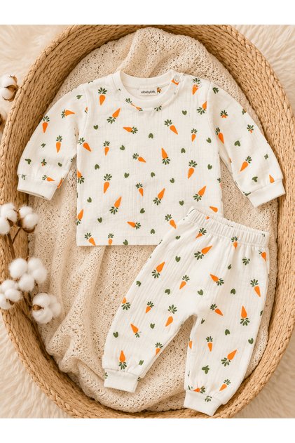 Carrot Patterned Baby Set Long Sleeve Top and Pants & Pajama Set