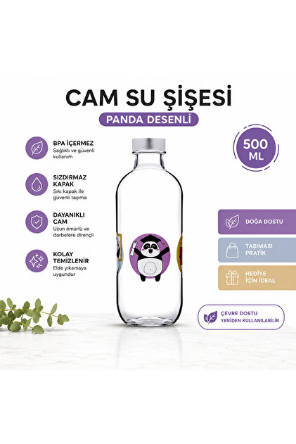 Panda Desenli Cam Su Şişesi 500 ML – Cam Matara
